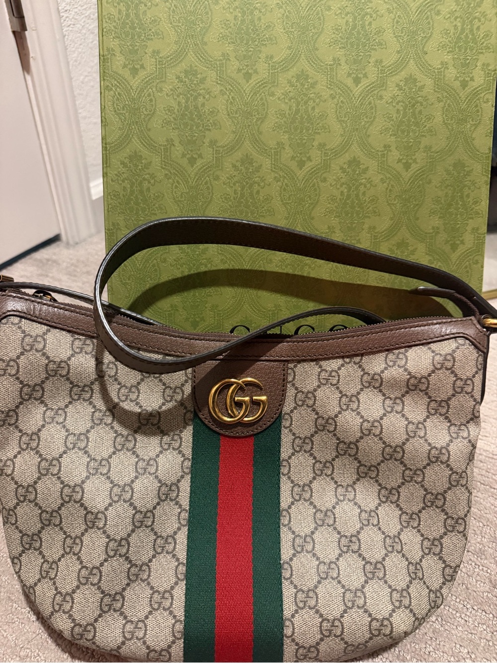 Gucci Beige GG Supreme Shoulder Bag with Green and Red Web